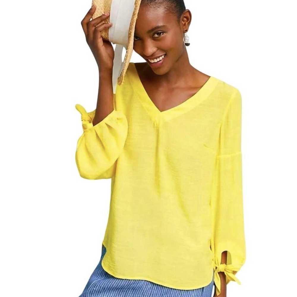 Maeve Anthropologie Verona Yellow V‎ Neck Tie Balloon Sleeve Blouse Boho Flowy M